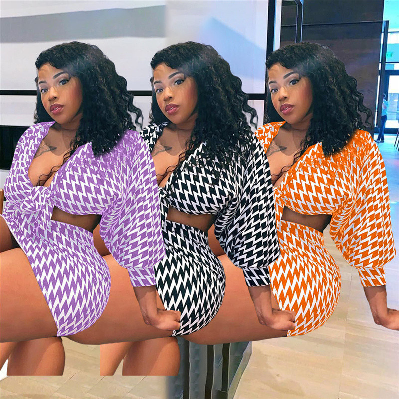 Liela izmēra sieviešu apģērbu divdaļīgs komplekts ar garām piedurknēm apgriezti topi un svārki, rūtaini sporta tērpi, seksīgi svārku tērpi dropshipping vairumtirdzniecība