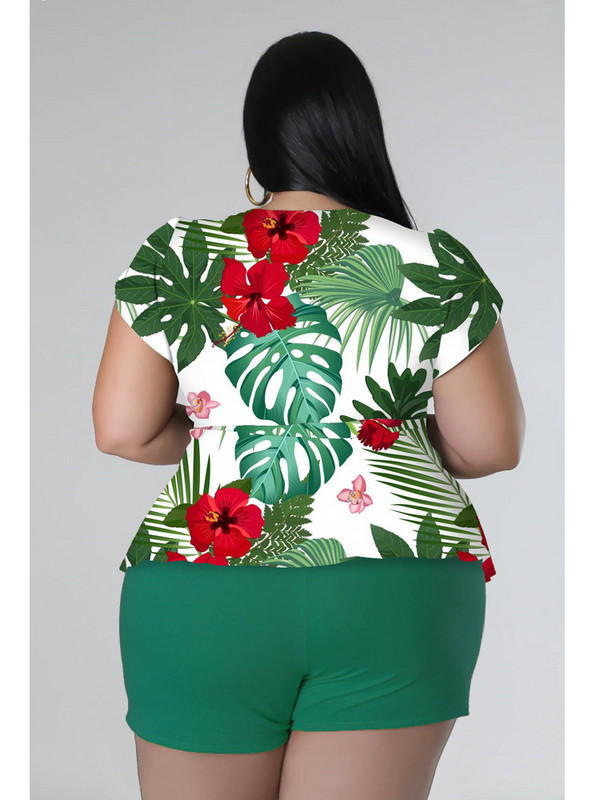 Liela izmēra lielizmēra šortu komplekti Divdaļīgi tērpi Sieviešu īsām piedurknēm V kakla apdrukas tops ar pārsēju Solid Vairumtirdzniecība Dropshipping