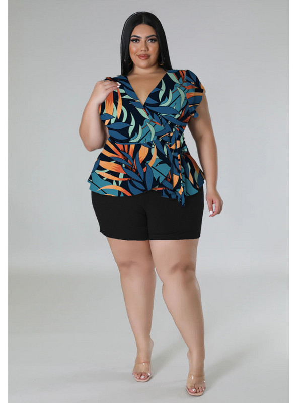 Liela izmēra lielizmēra šortu komplekti Divdaļīgi tērpi Sieviešu īsām piedurknēm V kakla apdrukas tops ar pārsēju Solid Vairumtirdzniecība Dropshipping