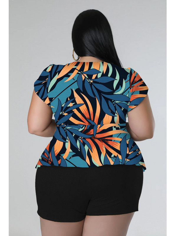 Liela izmēra lielizmēra šortu komplekti Divdaļīgi tērpi Sieviešu īsām piedurknēm V kakla apdrukas tops ar pārsēju Solid Vairumtirdzniecība Dropshipping