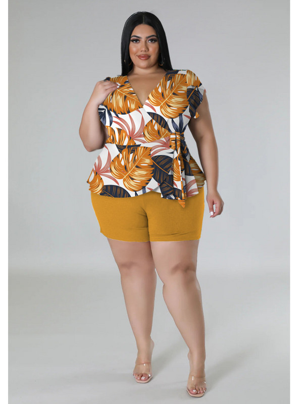 Liela izmēra lielizmēra šortu komplekti Divdaļīgi tērpi Sieviešu īsām piedurknēm V kakla apdrukas tops ar pārsēju Solid Vairumtirdzniecība Dropshipping