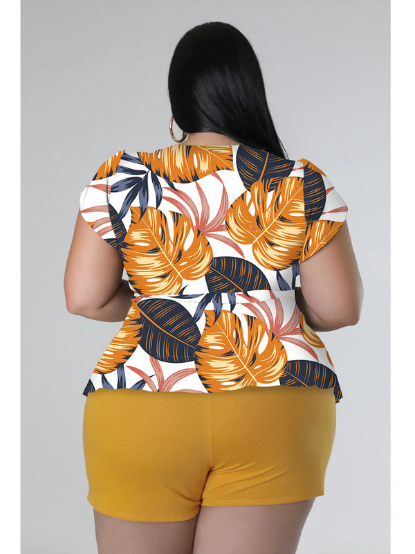 Liela izmēra lielizmēra šortu komplekti Divdaļīgi tērpi Sieviešu īsām piedurknēm V kakla apdrukas tops ar pārsēju Solid Vairumtirdzniecība Dropshipping