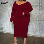 Simplicity Női Ruházat Mély V-nyakú, egyszínű flare, hosszú ujjú ruha Őszi divat Alkalmi Nagy méretű karcsú Midi ruhák