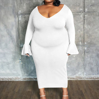 Simplicity Női Ruházat Mély V-nyakú, egyszínű flare, hosszú ujjú ruha Őszi divat Alkalmi Nagy méretű karcsú Midi ruhák