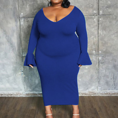 Simplicity Női Ruházat Mély V-nyakú, egyszínű flare, hosszú ujjú ruha Őszi divat Alkalmi Nagy méretű karcsú Midi ruhák