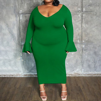 Simplicity Női Ruházat Mély V-nyakú, egyszínű flare, hosszú ujjú ruha Őszi divat Alkalmi Nagy méretű karcsú Midi ruhák