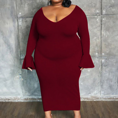 Simplicity Női Ruházat Mély V-nyakú, egyszínű flare, hosszú ujjú ruha Őszi divat Alkalmi Nagy méretű karcsú Midi ruhák