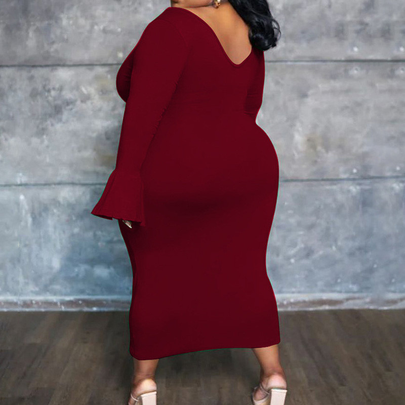 Simplicity Női Ruházat Mély V-nyakú, egyszínű flare, hosszú ujjú ruha Őszi divat Alkalmi Nagy méretű karcsú Midi ruhák