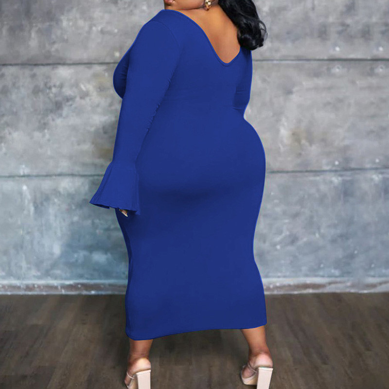 Simplicity Női Ruházat Mély V-nyakú, egyszínű flare, hosszú ujjú ruha Őszi divat Alkalmi Nagy méretű karcsú Midi ruhák