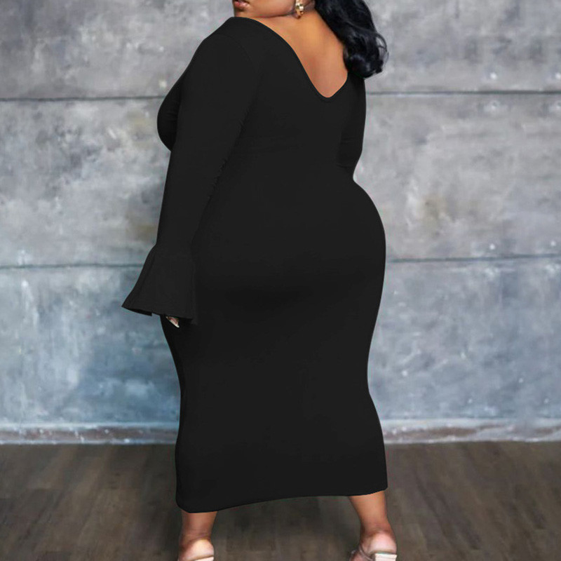 Simplicity Női Ruházat Mély V-nyakú, egyszínű flare, hosszú ujjú ruha Őszi divat Alkalmi Nagy méretű karcsú Midi ruhák