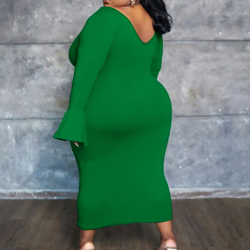 Simplicity Női Ruházat Mély V-nyakú, egyszínű flare, hosszú ujjú ruha Őszi divat Alkalmi Nagy méretű karcsú Midi ruhák