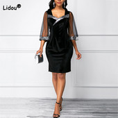 Vakara ballītes mežģīņu zīmuļu svārki Eleganti V veida kakla izgriezuma viduklis ar pusi piedurknēm rāvējslēdzējs blīvs velūrs Liela izmēra kleita līdz ceļgalam