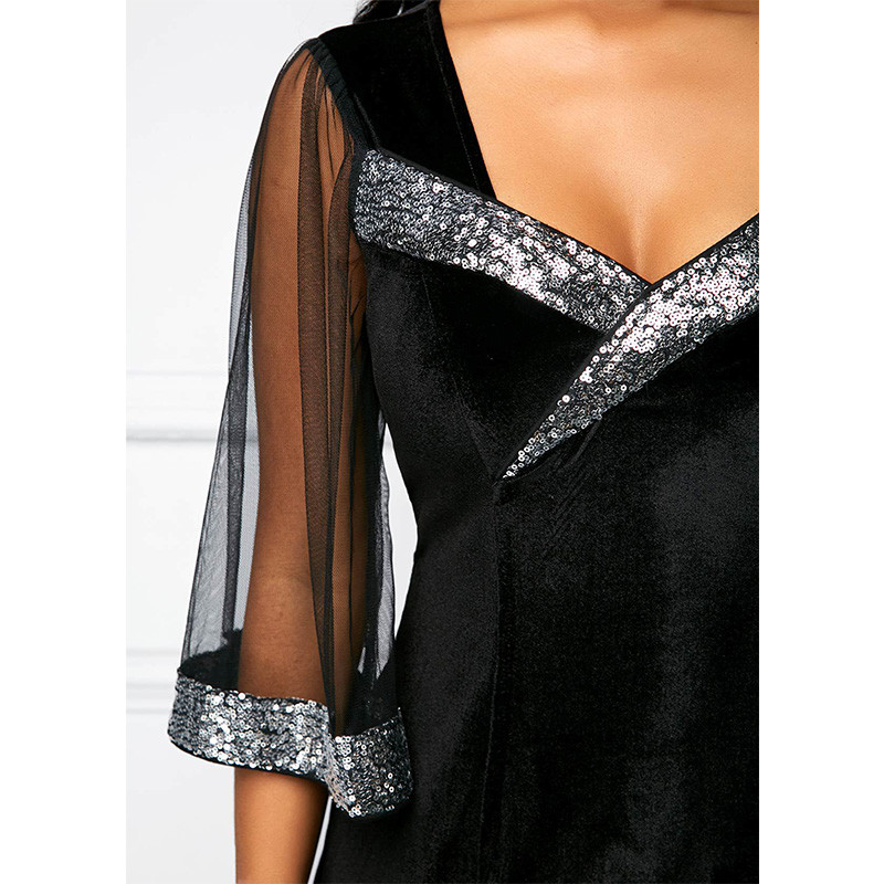 Vakara ballītes mežģīņu zīmuļu svārki Eleganti V veida kakla izgriezuma viduklis ar pusi piedurknēm rāvējslēdzējs blīvs velūrs Liela izmēra kleita līdz ceļgalam