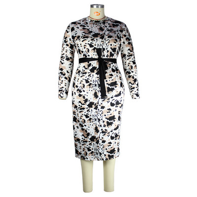 Modes apdruka Mežģīnes ar garām piedurknēm soma Gūžas Sieviešu apģērbi Pavasara Rudens Birojs Sieviešu apaļas kakla jostas Slim Liela izmēra kleitas