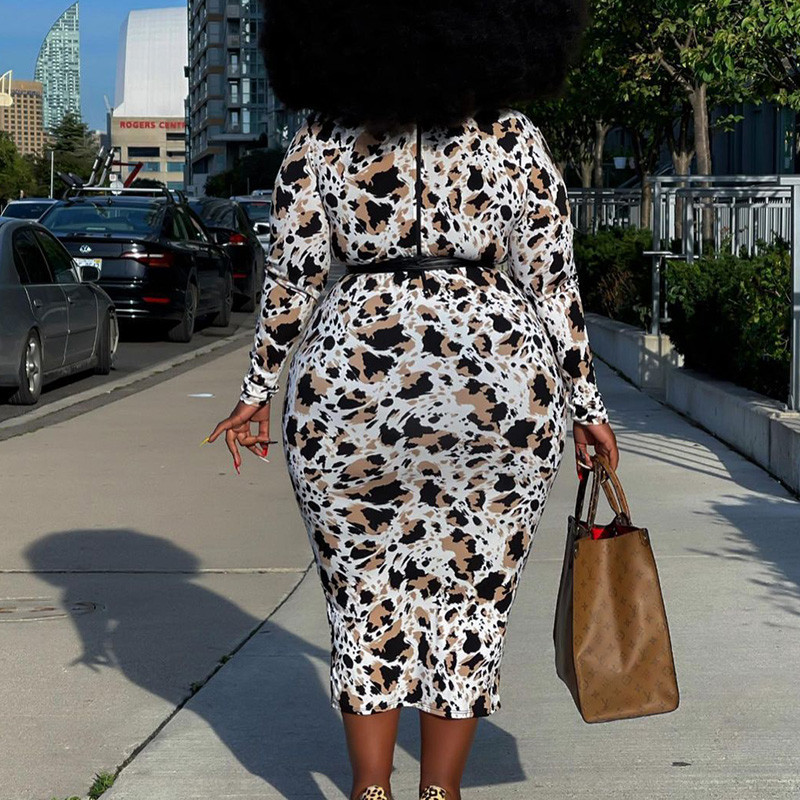 Modes apdruka Mežģīnes ar garām piedurknēm soma Gūžas Sieviešu apģērbi Pavasara Rudens Birojs Sieviešu apaļas kakla jostas Slim Liela izmēra kleitas