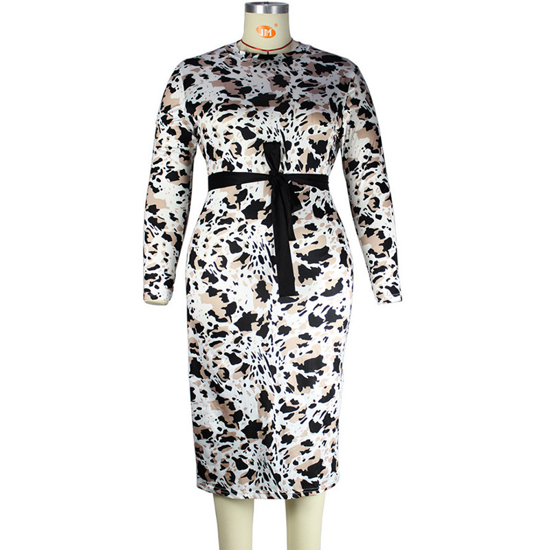 Modes apdruka Mežģīnes ar garām piedurknēm soma Gūžas Sieviešu apģērbi Pavasara Rudens Birojs Sieviešu apaļas kakla jostas Slim Liela izmēra kleitas