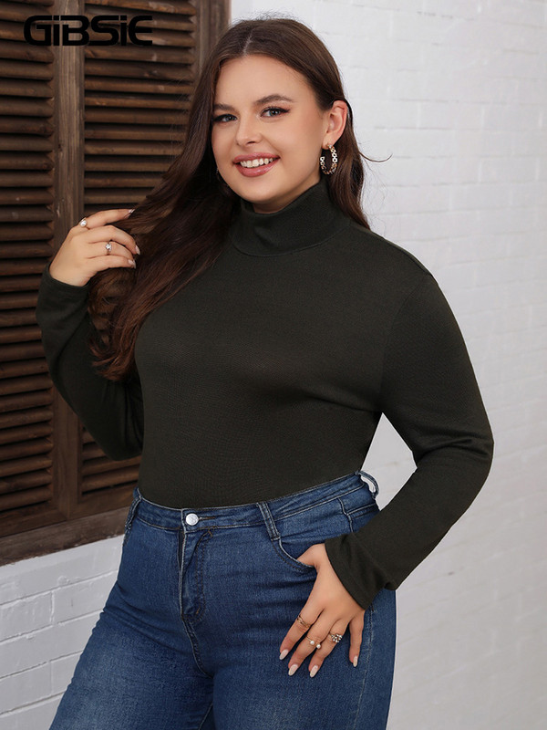 GIBSIE Plus Size 2023 primăvară toamnă negru casual tricou femei coreeană modă cu guler cu mânecă lungă femei slim tops tricouri