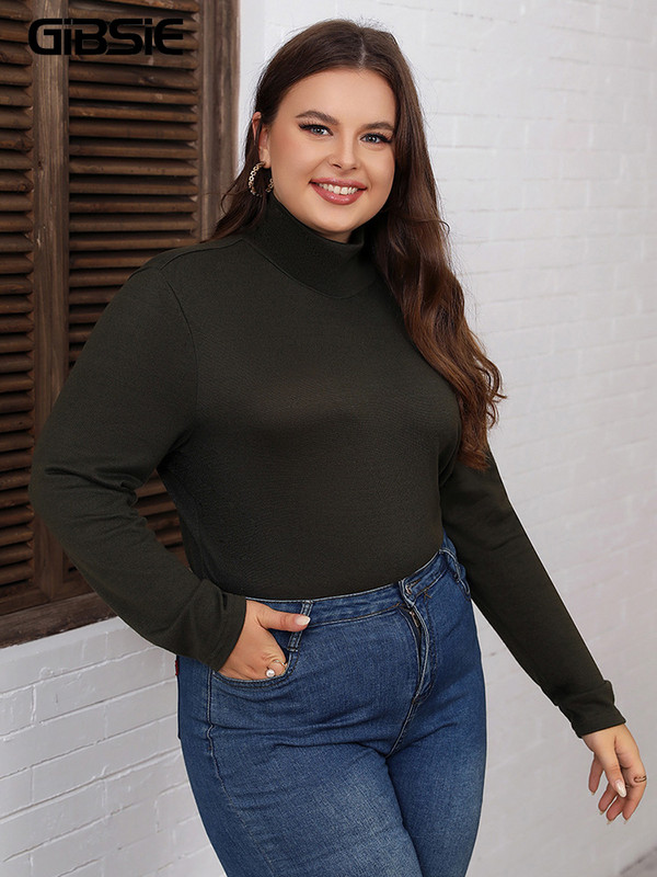GIBSIE Plus Size 2023 primăvară toamnă negru casual tricou femei coreeană modă cu guler cu mânecă lungă femei slim tops tricouri