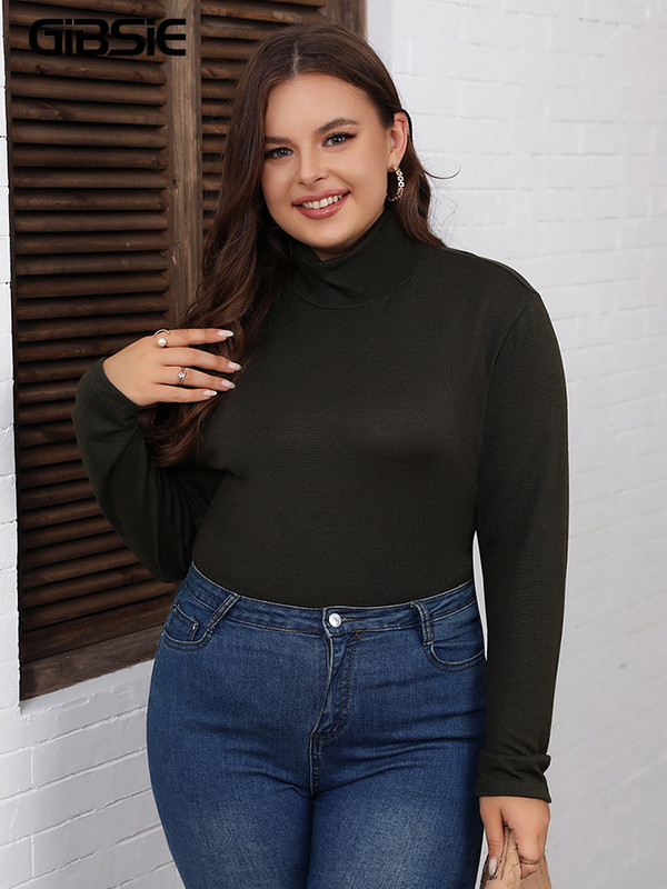GIBSIE Plus Size 2023 primăvară toamnă negru casual tricou femei coreeană modă cu guler cu mânecă lungă femei slim tops tricouri