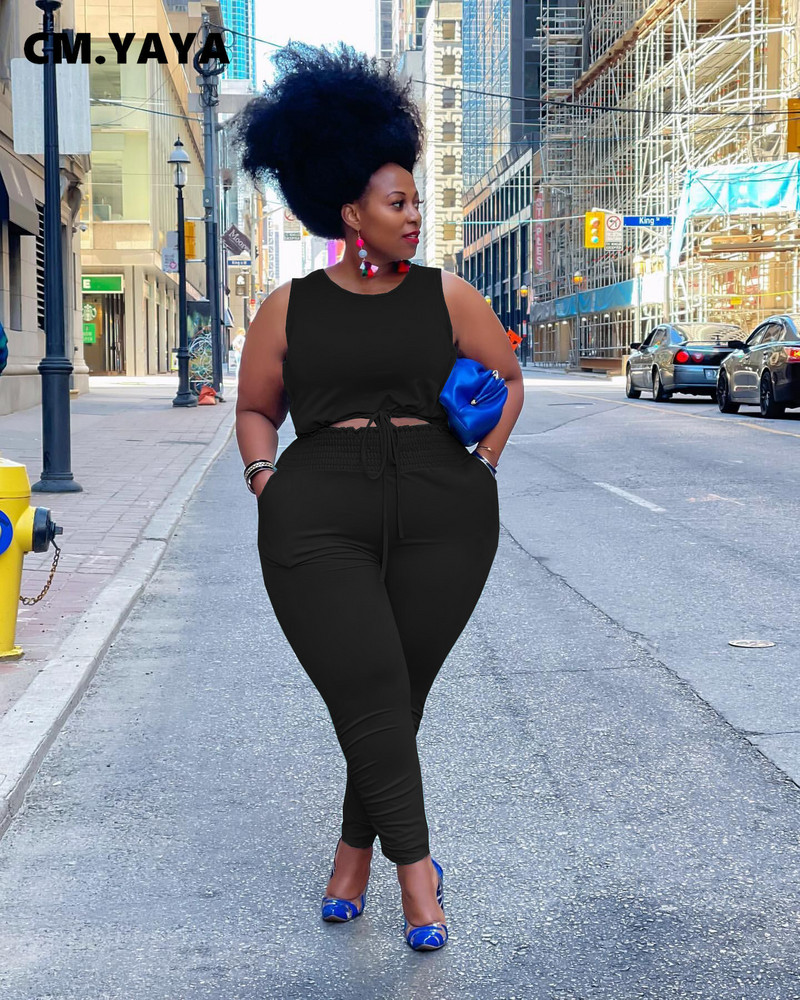 CM.YAYA sieviešu liela izmēra sporta tērps High Streetwear Jogger bikses un topi, kas atbilst diviem 2 daļīgu sporta tērpu komplektiem