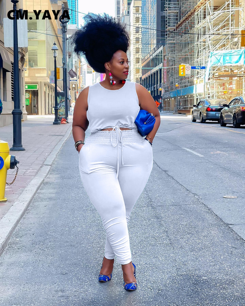 CM.YAYA sieviešu liela izmēra sporta tērps High Streetwear Jogger bikses un topi, kas atbilst diviem 2 daļīgu sporta tērpu komplektiem