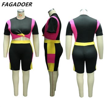 FAGADOER Sport casual συνονθύλευμα έγχρωμο σορτς δύο τεμαχίων σετ συν μεγέθους στρογγυλή λαιμόκοψη και κοκαλιάρικο σορτς Γυναικείες φόρμες