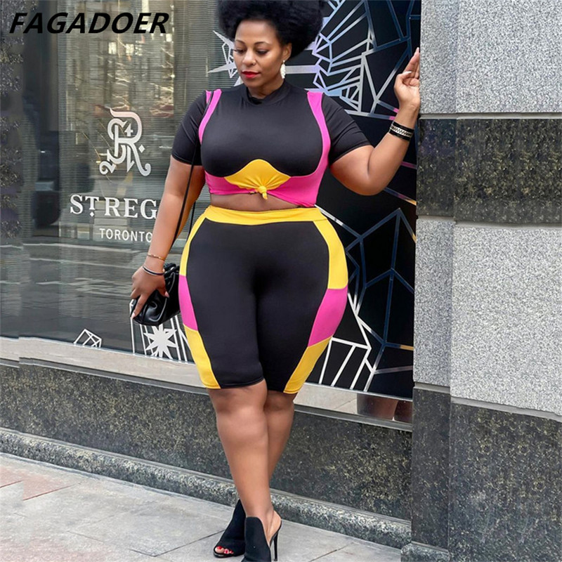 FAGADOER Sports Ikdienišķa Patchwork Krāsu šorti Divdaļīgi Lielizmēra Apaļkakla augšdaļa un Šauri šorti Treniņtērpi Sieviešu tērpi