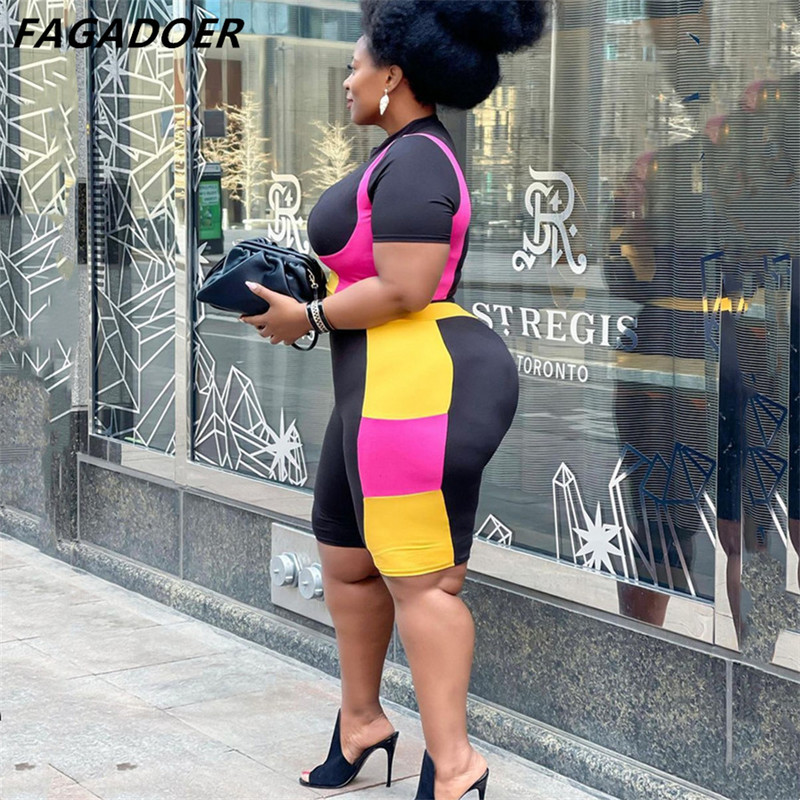 FAGADOER Sports Ikdienišķa Patchwork Krāsu šorti Divdaļīgi Lielizmēra Apaļkakla augšdaļa un Šauri šorti Treniņtērpi Sieviešu tērpi