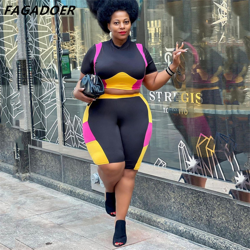 FAGADOER Sports Ikdienišķa Patchwork Krāsu šorti Divdaļīgi Lielizmēra Apaļkakla augšdaļa un Šauri šorti Treniņtērpi Sieviešu tērpi