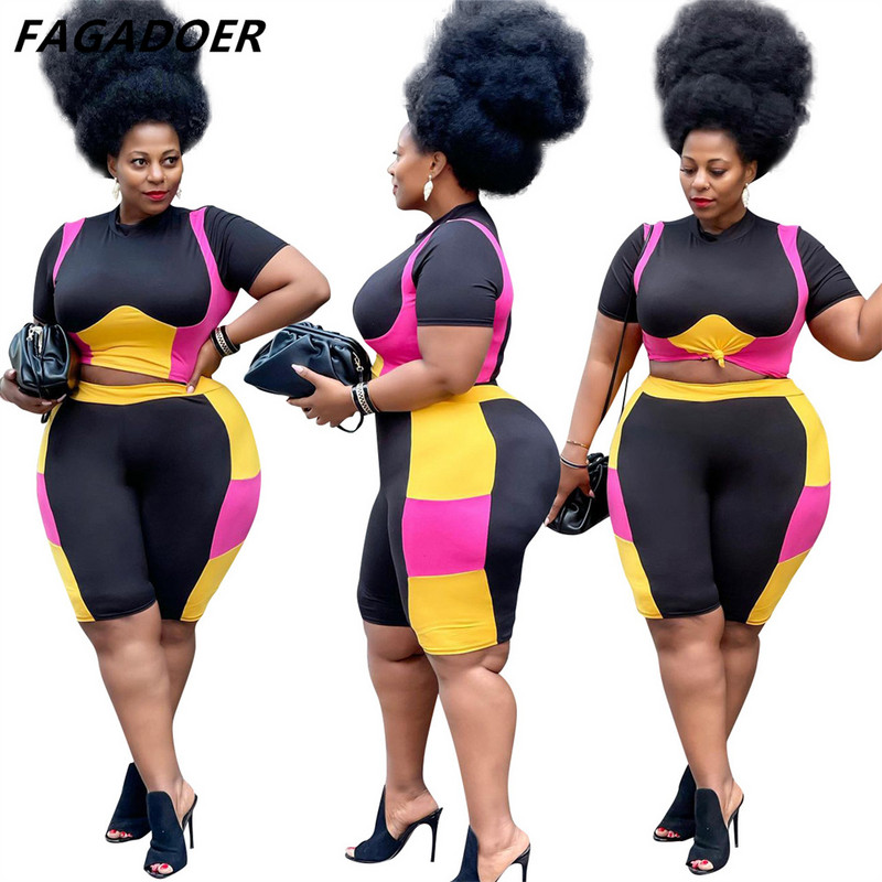 FAGADOER Sports Ikdienišķa Patchwork Krāsu šorti Divdaļīgi Lielizmēra Apaļkakla augšdaļa un Šauri šorti Treniņtērpi Sieviešu tērpi