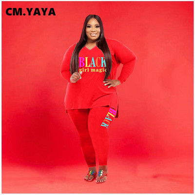 CM.YAYA sieviešu lielizmēra treniņtērps ar apdruku gari topi + elastīgas bikses, divi 2 daļ. komplekti Modes maksiālie tērpi ikdienas sporta tērps rudens