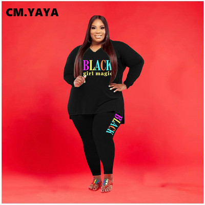CM.YAYA sieviešu lielizmēra treniņtērps ar apdruku gari topi + elastīgas bikses, divi 2 daļ. komplekti Modes maksiālie tērpi ikdienas sporta tērps rudens
