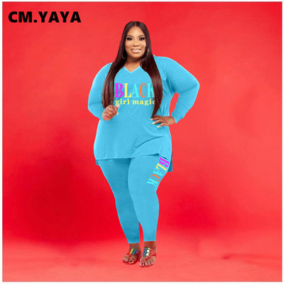 CM.YAYA sieviešu lielizmēra treniņtērps ar apdruku gari topi + elastīgas bikses, divi 2 daļ. komplekti Modes maksiālie tērpi ikdienas sporta tērps rudens
