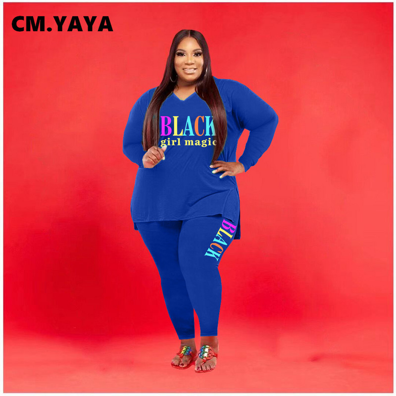 CM.YAYA sieviešu lielizmēra treniņtērps ar apdruku gari topi + elastīgas bikses, divi 2 daļ. komplekti Modes maksiālie tērpi ikdienas sporta tērps rudens