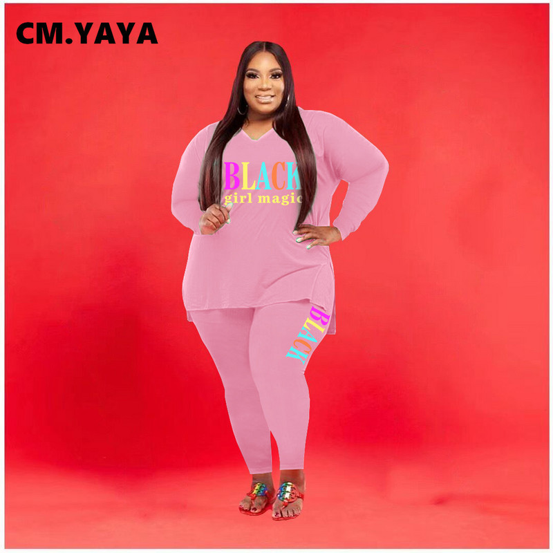 CM.YAYA sieviešu lielizmēra treniņtērps ar apdruku gari topi + elastīgas bikses, divi 2 daļ. komplekti Modes maksiālie tērpi ikdienas sporta tērps rudens