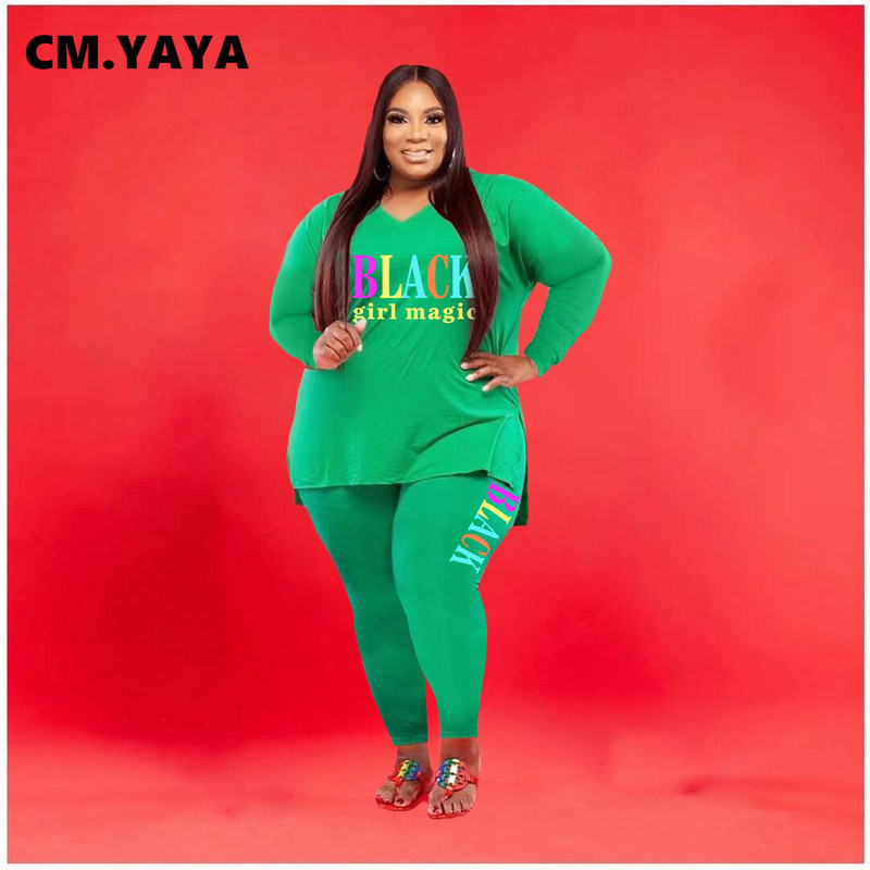 CM.YAYA sieviešu lielizmēra treniņtērps ar apdruku gari topi + elastīgas bikses, divi 2 daļ. komplekti Modes maksiālie tērpi ikdienas sporta tērps rudens