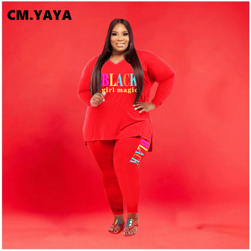 CM.YAYA sieviešu lielizmēra treniņtērps ar apdruku gari topi + elastīgas bikses, divi 2 daļ. komplekti Modes maksiālie tērpi ikdienas sporta tērps rudens