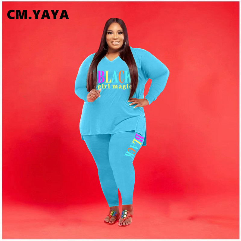 CM.YAYA sieviešu lielizmēra treniņtērps ar apdruku gari topi + elastīgas bikses, divi 2 daļ. komplekti Modes maksiālie tērpi ikdienas sporta tērps rudens