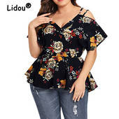 Nagy méretű női ruházat nyári szexi vállról, Vintage virágmintás rövid ujjú felső női alkalmi, V nyakú karcsú póló 5XL