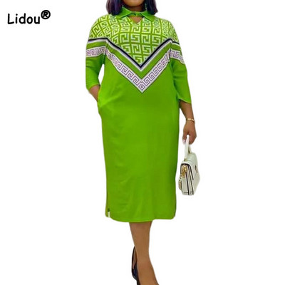 Modes sieviešu apģērbi lielizmēra ģeometriskā apdruka pavasara rudens elegants apaļš kakla izgriezums, brīvs septiņu punktu piedurkņu krekls Midi kleita