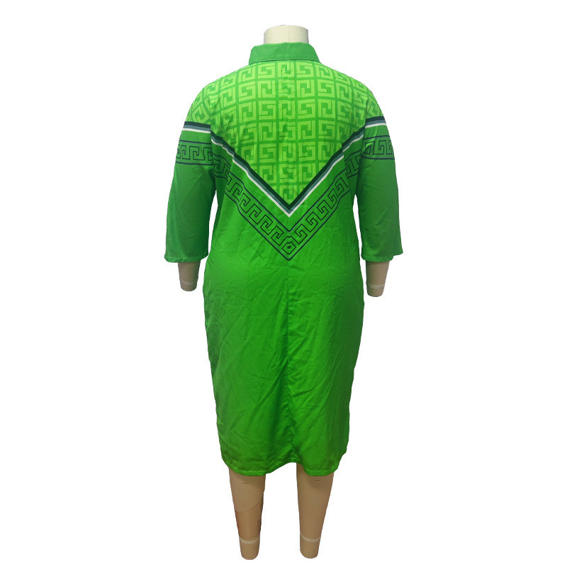 Modes sieviešu apģērbi lielizmēra ģeometriskā apdruka pavasara rudens elegants apaļš kakla izgriezums, brīvs septiņu punktu piedurkņu krekls Midi kleita