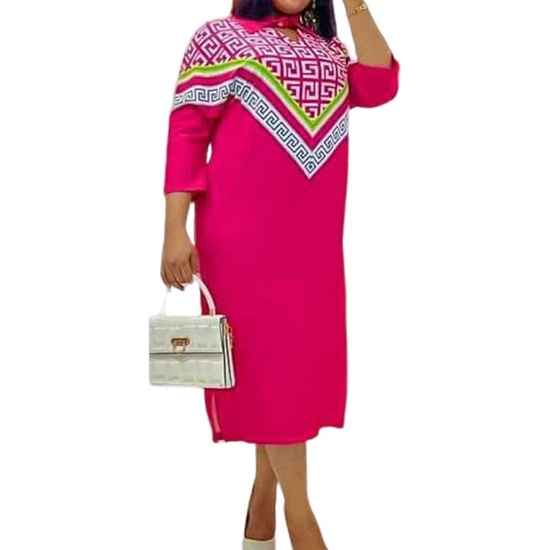 Modes sieviešu apģērbi lielizmēra ģeometriskā apdruka pavasara rudens elegants apaļš kakla izgriezums, brīvs septiņu punktu piedurkņu krekls Midi kleita