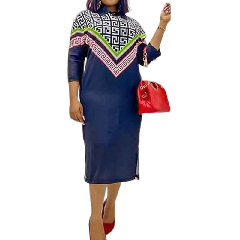 Modes sieviešu apģērbi lielizmēra ģeometriskā apdruka pavasara rudens elegants apaļš kakla izgriezums, brīvs septiņu punktu piedurkņu krekls Midi kleita