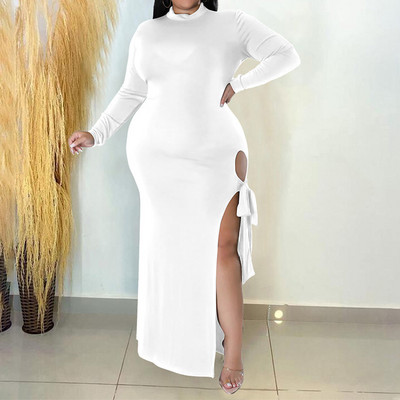 Őszi egyszínű O-nyakú, kivágott fűzős, hosszú ujjú táska csípő esti buli szexi hasított villás csupasz láb karcsú, plusz méretű hosszú ruha