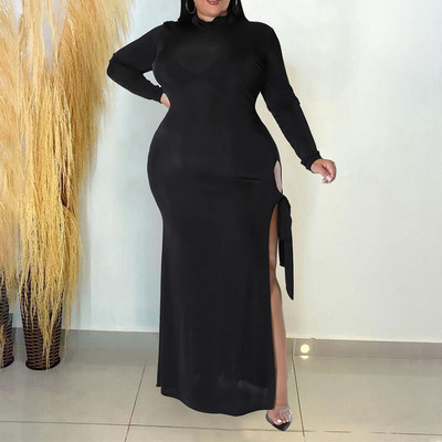 Őszi egyszínű O-nyakú, kivágott fűzős, hosszú ujjú táska csípő esti buli szexi hasított villás csupasz láb karcsú, plusz méretű hosszú ruha