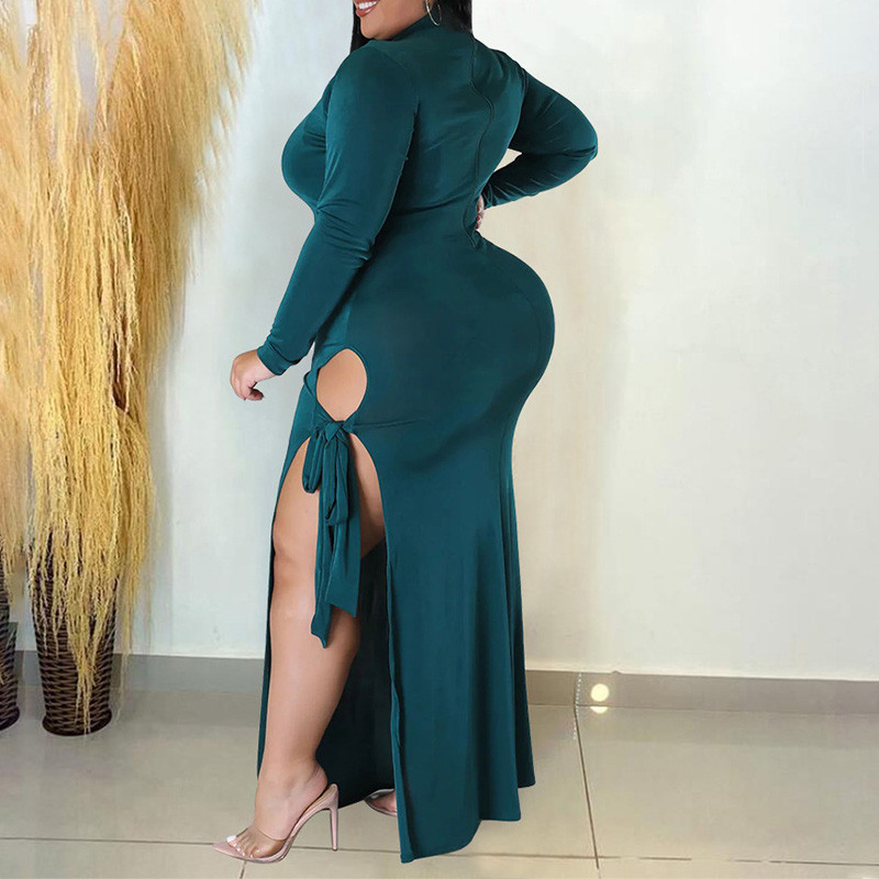 Őszi egyszínű O-nyakú, kivágott fűzős, hosszú ujjú táska csípő esti buli szexi hasított villás csupasz láb karcsú, plusz méretű hosszú ruha
