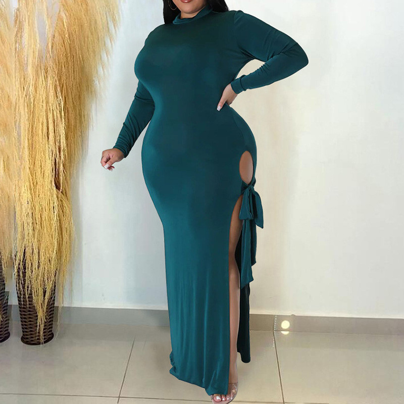 Őszi egyszínű O-nyakú, kivágott fűzős, hosszú ujjú táska csípő esti buli szexi hasított villás csupasz láb karcsú, plusz méretű hosszú ruha