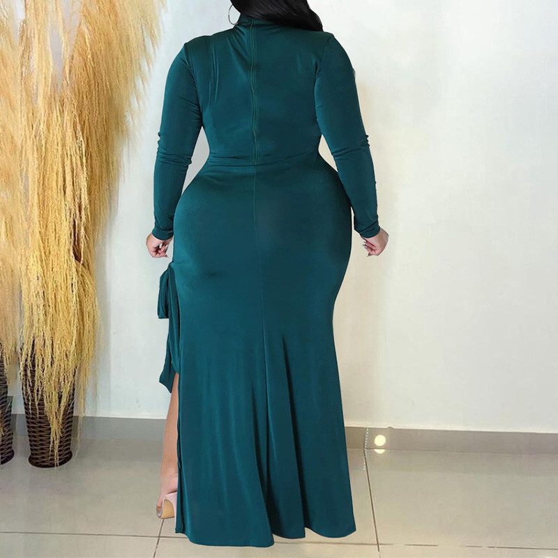 Őszi egyszínű O-nyakú, kivágott fűzős, hosszú ujjú táska csípő esti buli szexi hasított villás csupasz láb karcsú, plusz méretű hosszú ruha