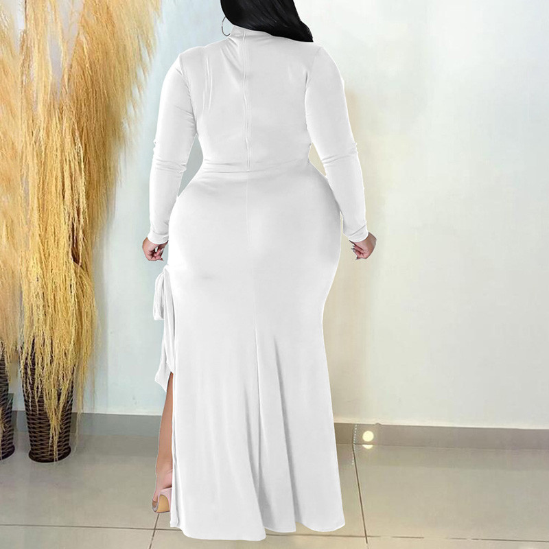 Őszi egyszínű O-nyakú, kivágott fűzős, hosszú ujjú táska csípő esti buli szexi hasított villás csupasz láb karcsú, plusz méretű hosszú ruha