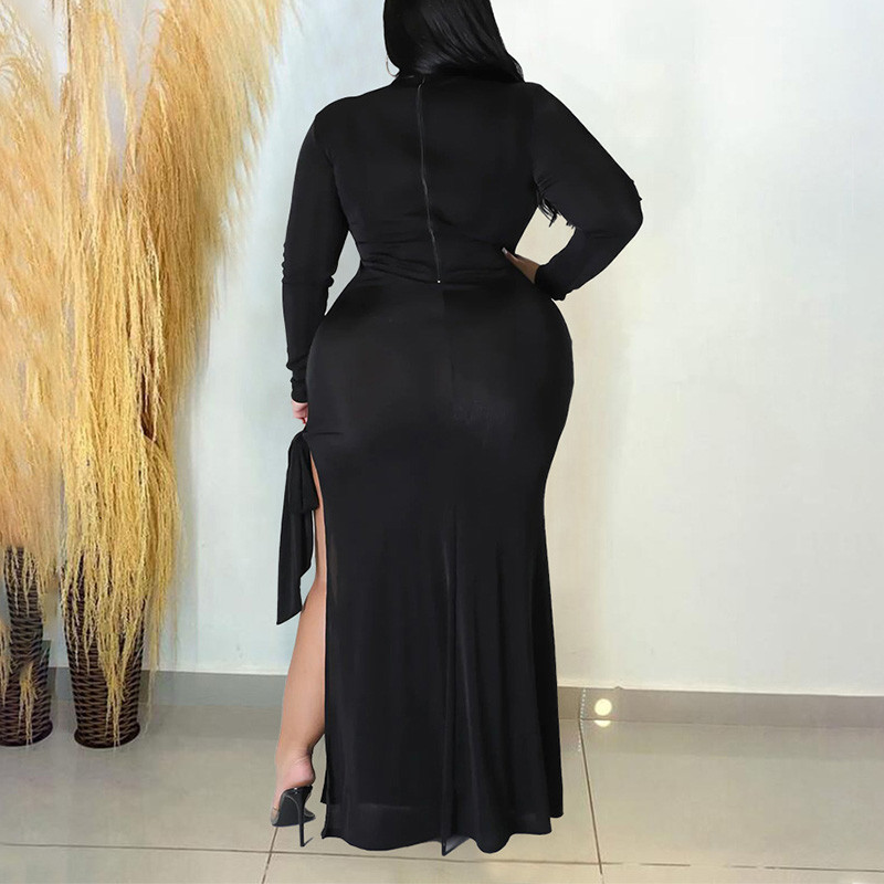 Őszi egyszínű O-nyakú, kivágott fűzős, hosszú ujjú táska csípő esti buli szexi hasított villás csupasz láb karcsú, plusz méretű hosszú ruha